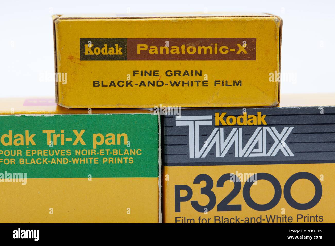 Boxes of vintage Kodak film Panatonic-X Tmax P32000 Tri-X pan Stock Photo