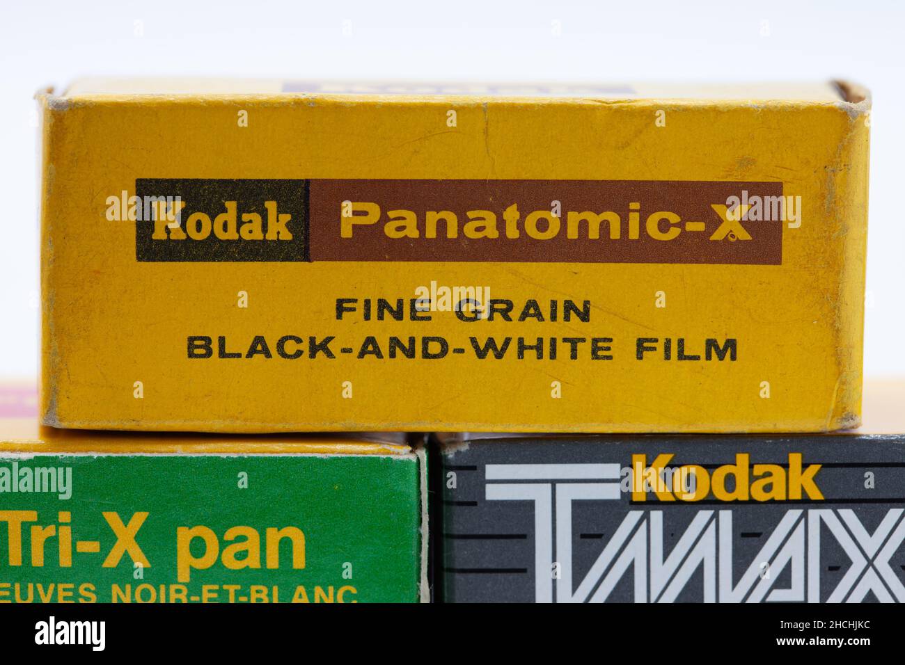 Boxes of vintage Kodak film Panatonic-X Tmax P32000 Tri-X pan Stock Photo