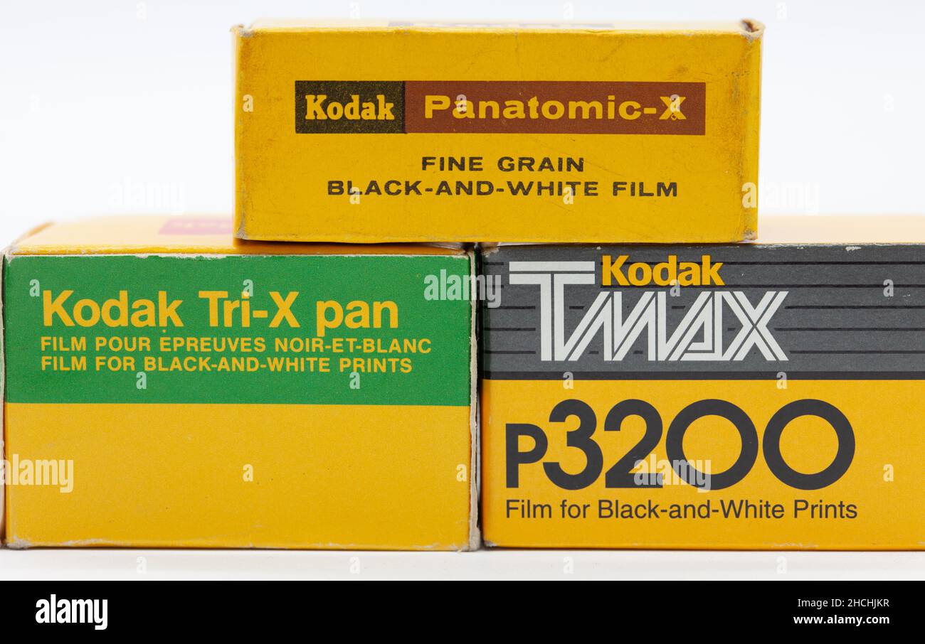 Boxes of vintage Kodak film Panatonic-X Tmax P32000 Tri-X pan Stock Photo