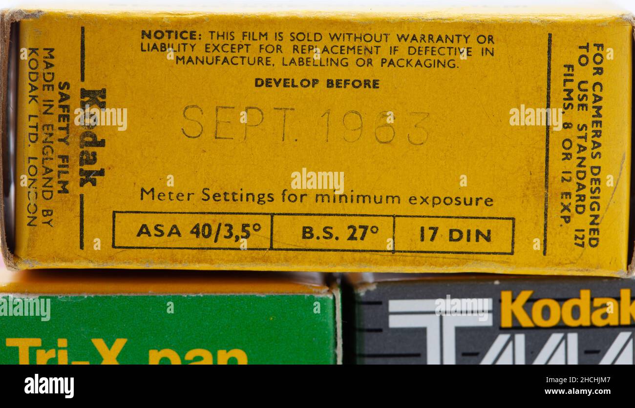 Box of Kodak Panatomic-X film FX 127 from 1963 Stock Photo