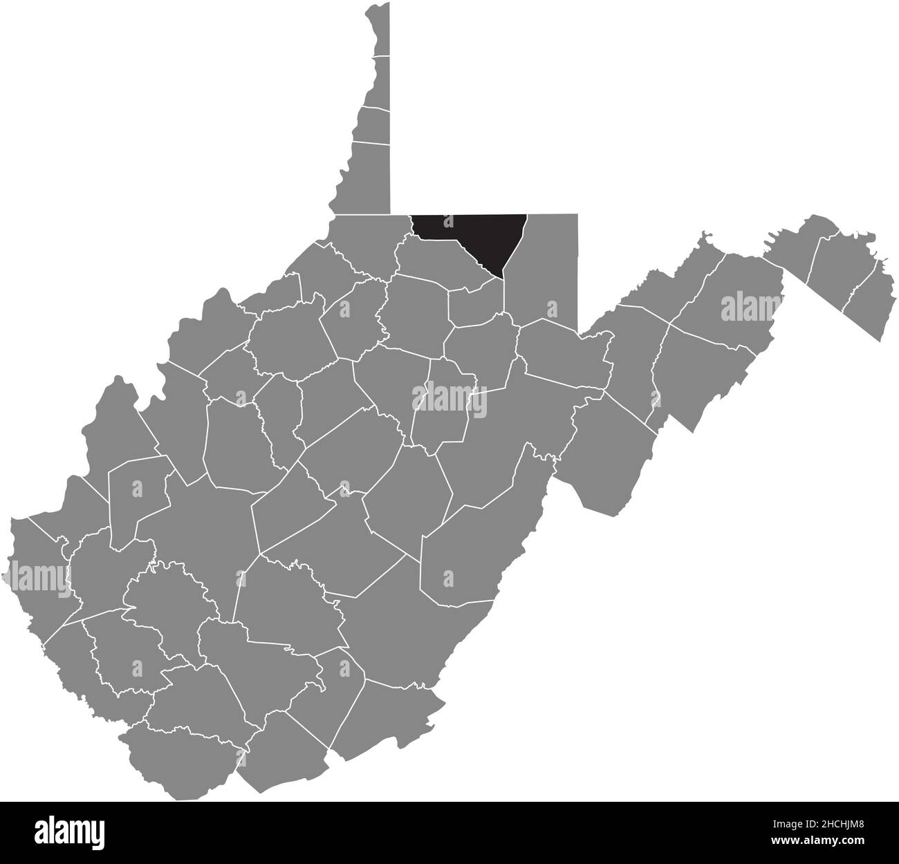 Black highlighted location map of the Monongalia County inside gray