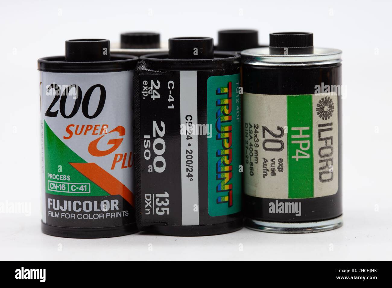 collection of 35mm film cassettes. fujicolor Truprint, Ilford Stock