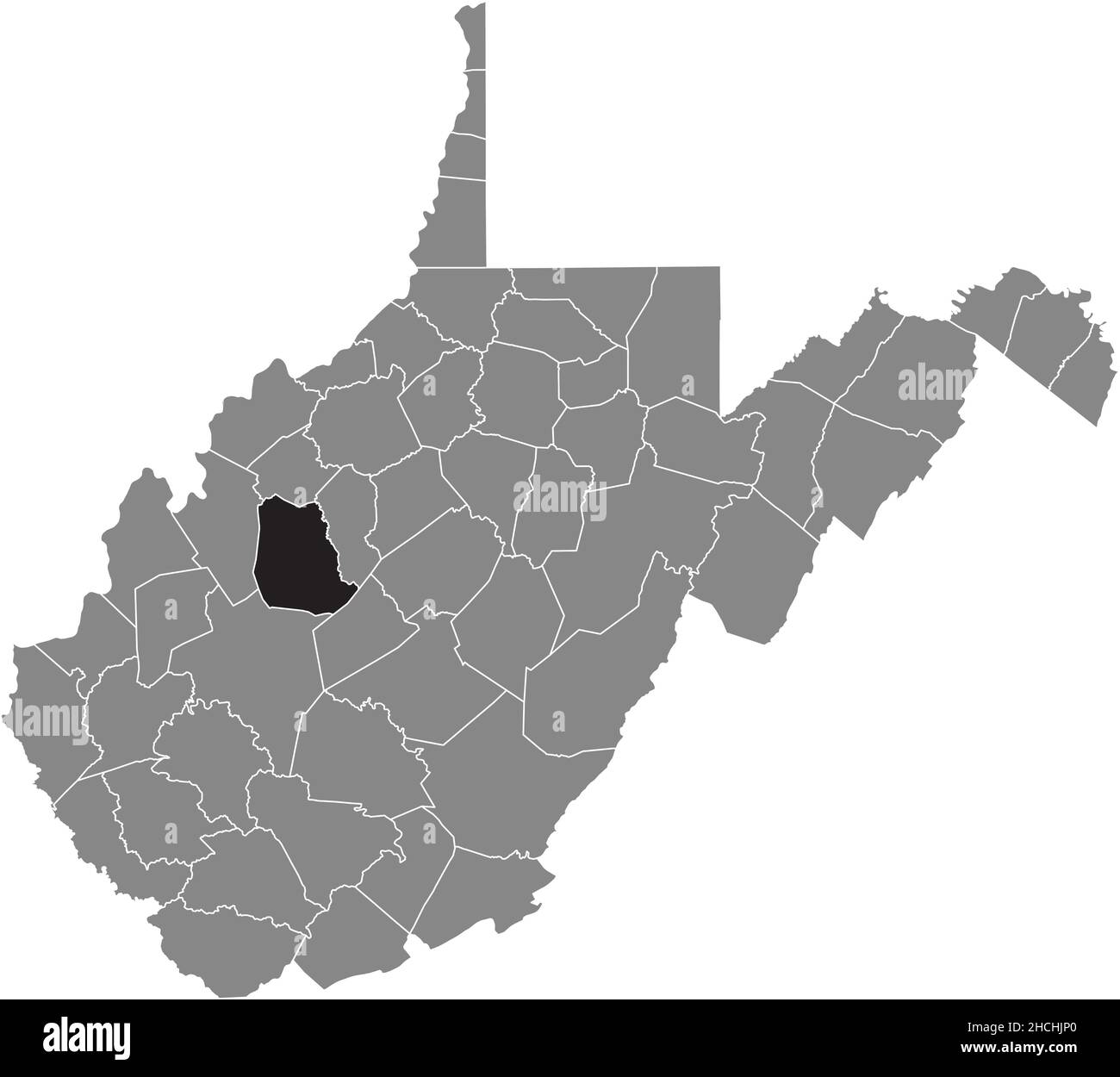 Black highlighted location map of the Roane County inside gray administrative map of the Federal State of West Virginia, USA Stock Vector