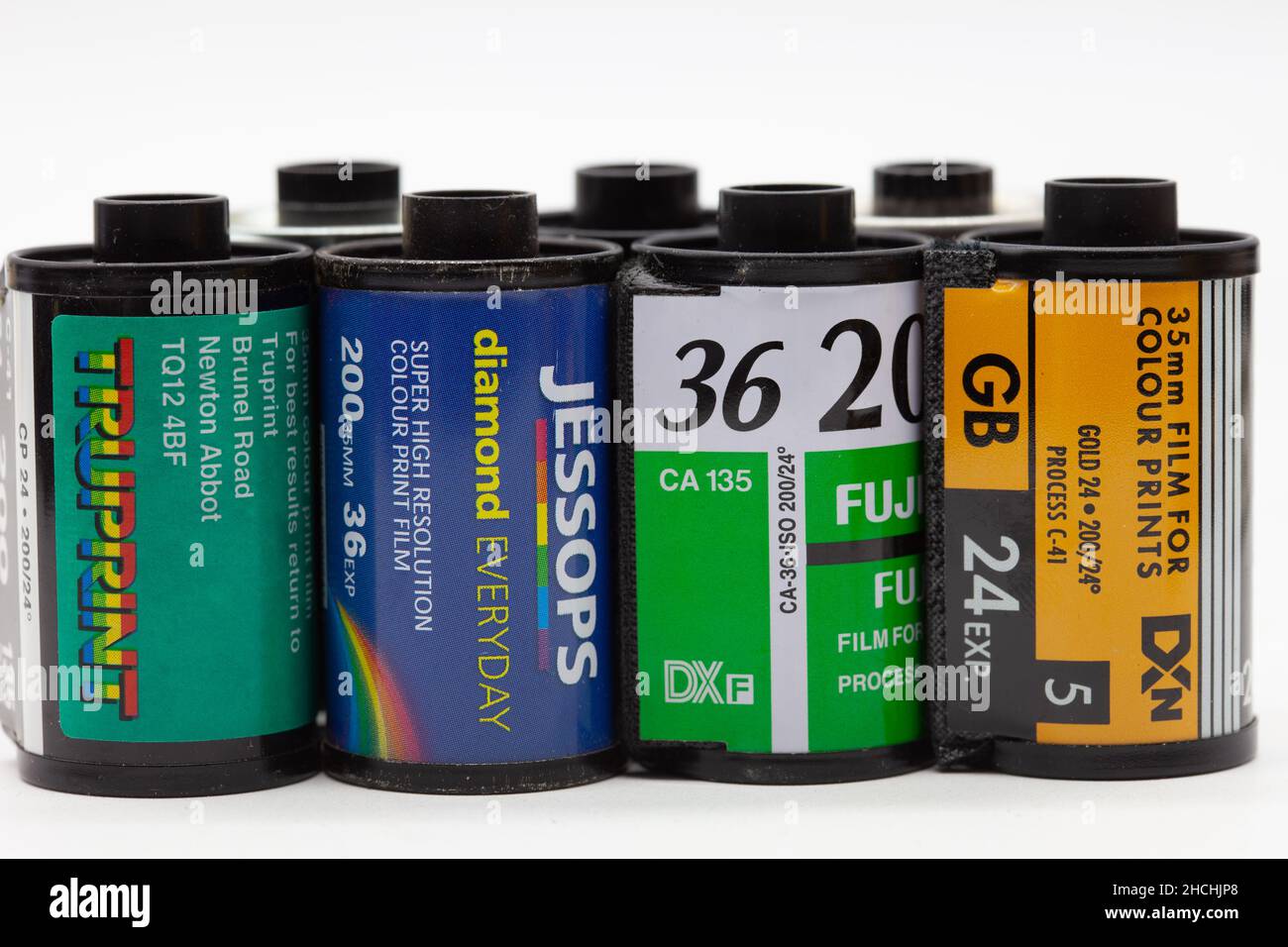 collection of 35mm film cassettes. Kodak, Jessops, Truprint, Kodak