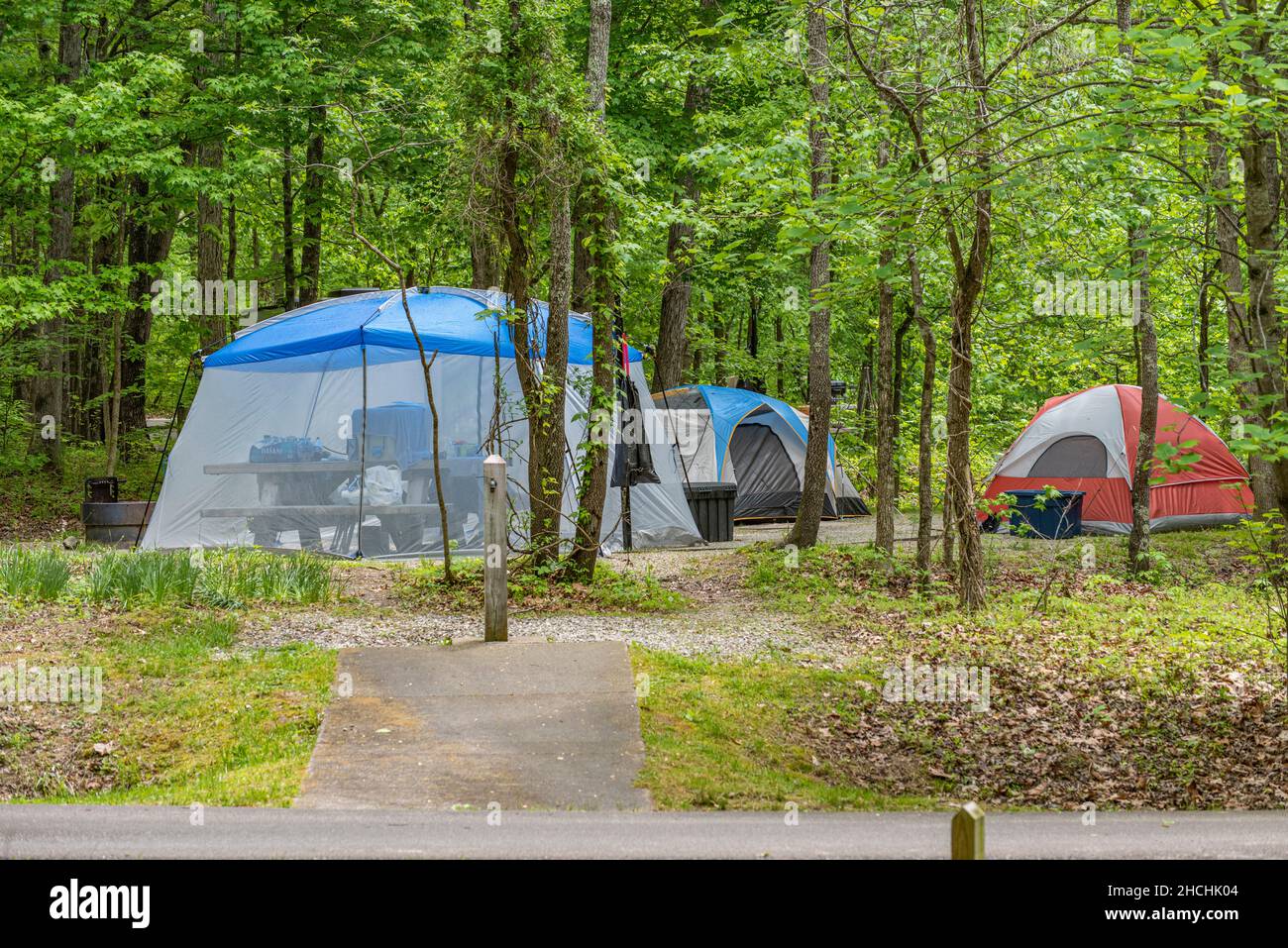 Tent camping at Twin Knobs Recreation Area in Kentucky Stock Photo