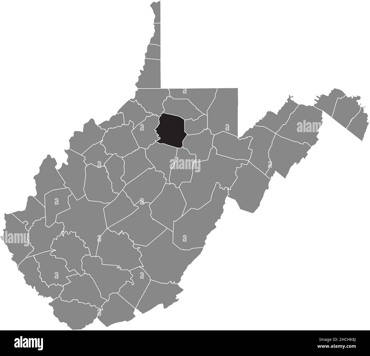 Black highlighted location map of the Harrison County inside gray administrative map of the Federal State of West Virginia, USA Stock Vector