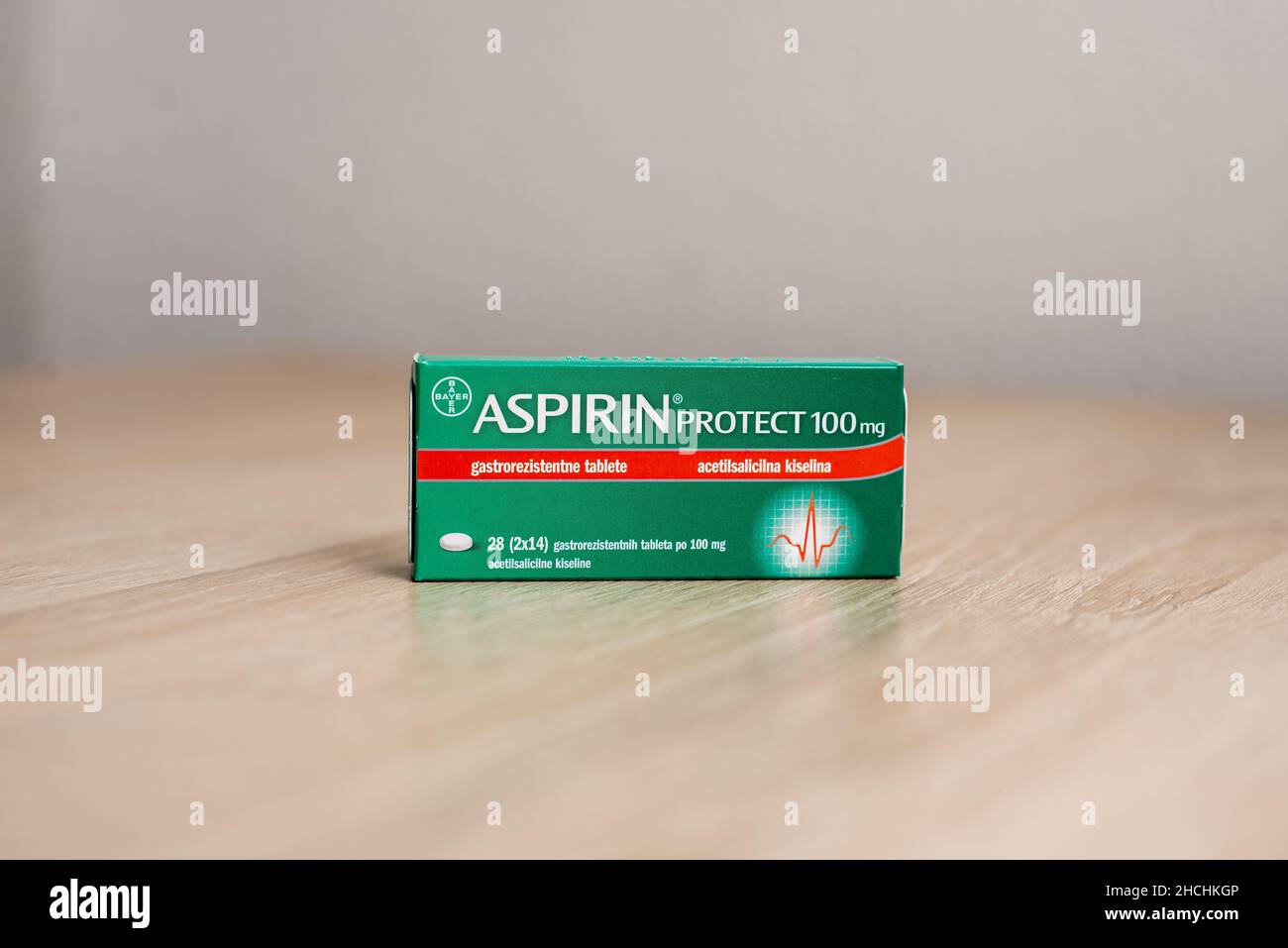 Sarajevo, Bosnia and Herzegovina - 12.04.2021: Aspirin protect 100mg pills on the table Stock Photo