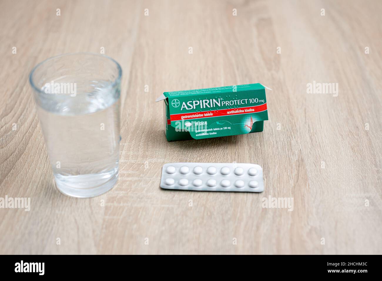 Sarajevo, Bosnia and Herzegovina - 12.04.2021: Aspirin protect 100mg pills on the table Stock Photo