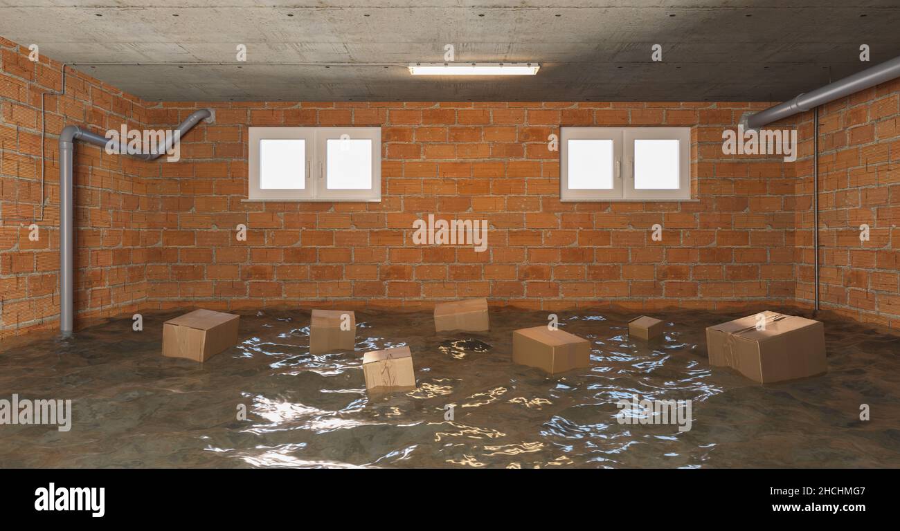 Cardboard boxes float in the water after water damage in the basement