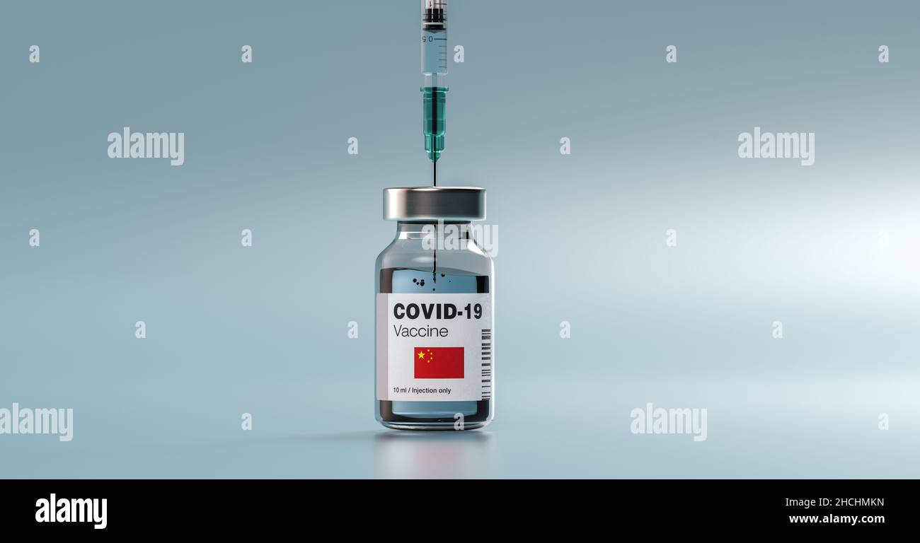 COVID-19 Coronavirus mRNA Vaccine and Syringe with flag of the USA America on the label. Concept Image for SARS cov 2 infection pandemic Stock Photo