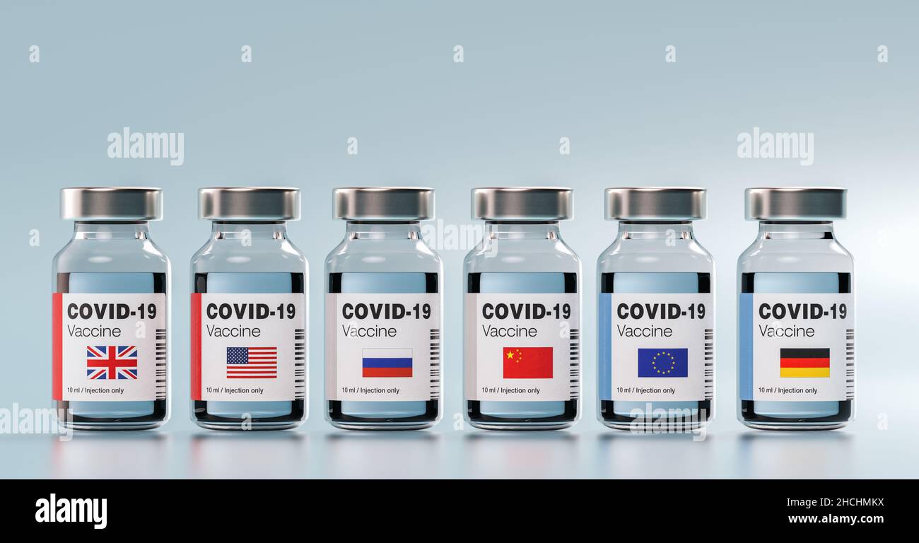 COVID-19 Coronavirus mRNA Vaccine and Syringe with different flags of England, USA, America, Russia, china, Europe, Germany. Concept Image for SARS co Stock Photo