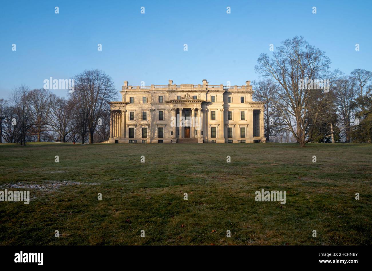 Hyde Park, NY - USA - Dec. 28, 2021: Wide angle view of Vanderbilt Mansion National Historic Site. The 54-room Vanderbilt mansion was designed McKim, Stock Photo