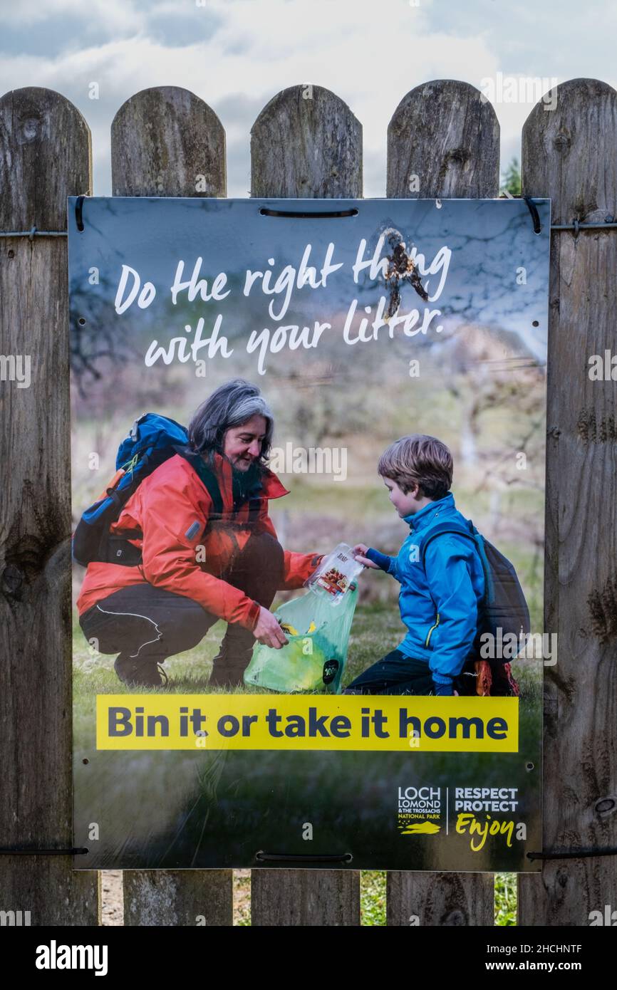 Loch Lomond, Scotland - July 25th 2021: Take litter home or bin it sign for Loch Lomond and Trossachs National Park, Balloch, Scotland Stock Photo