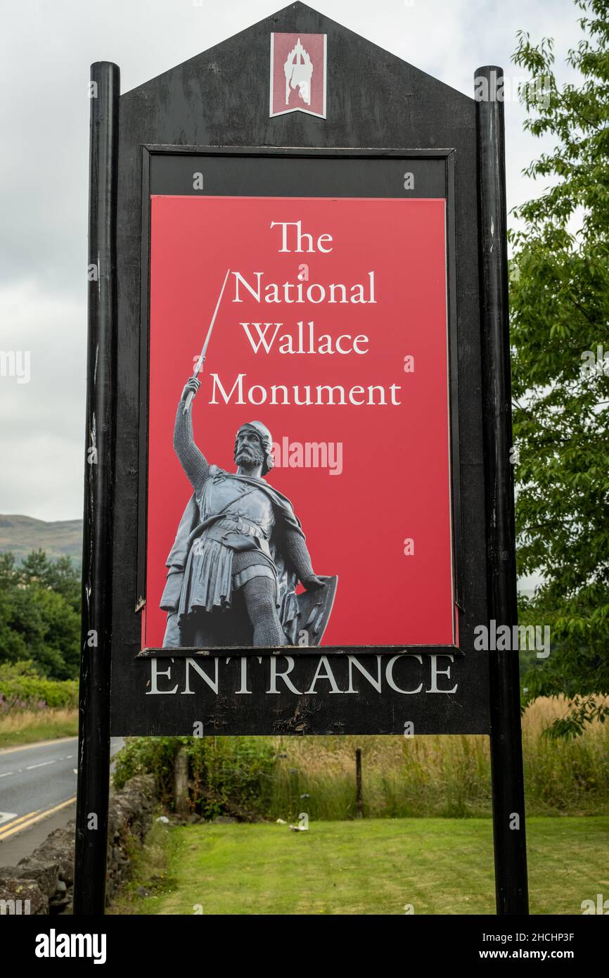 Stirling, Scotland - 26th July 2021: The National Wallace Monument Sign in Stirling, Scotland Stock Photo