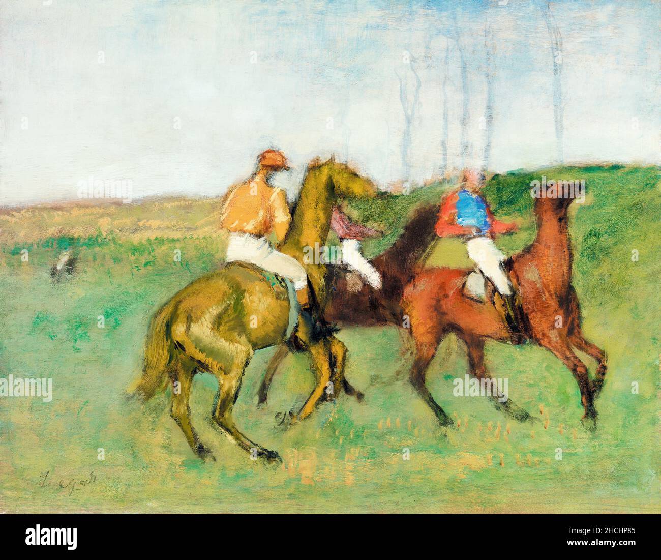 Jockeys and Race Horses (ca. 1890–1895) painting in high resolution by Edgar Degas. Stock Photo