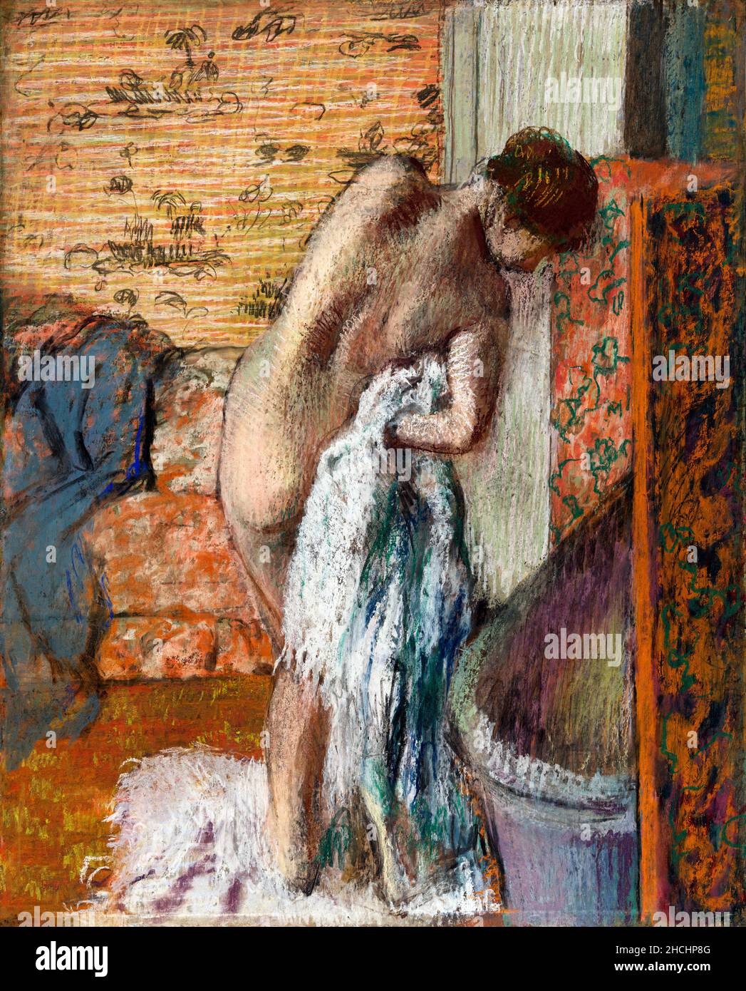 Après le bain (Femme s'essuyant); Edgar Degas (French, 1834 - 1917); about 1886; Pastel on paper laid down on board. Stock Photo