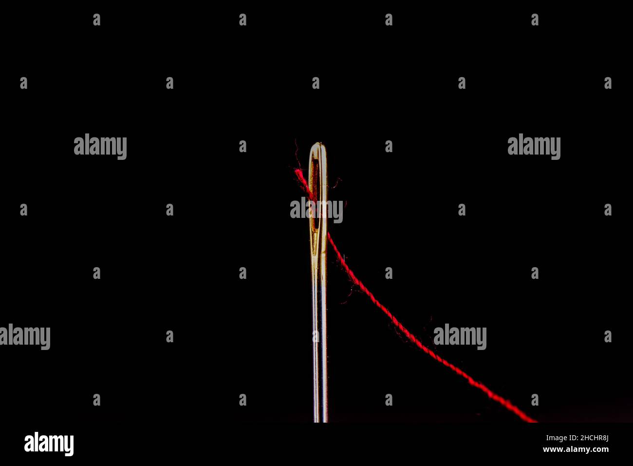 Red thread in the eye of a needle isolated on a black background. Copy ...