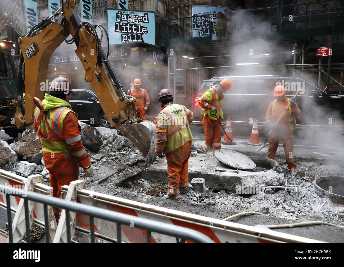 New York, United States. 29th Dec, 2021. Construction workers perform maintanence on 44th Street near Times Square in New York City on Wednesday, December 29, 2021. Photo by John Angelillo/UPI Credit: UPI/Alamy Live News Stock Photo
