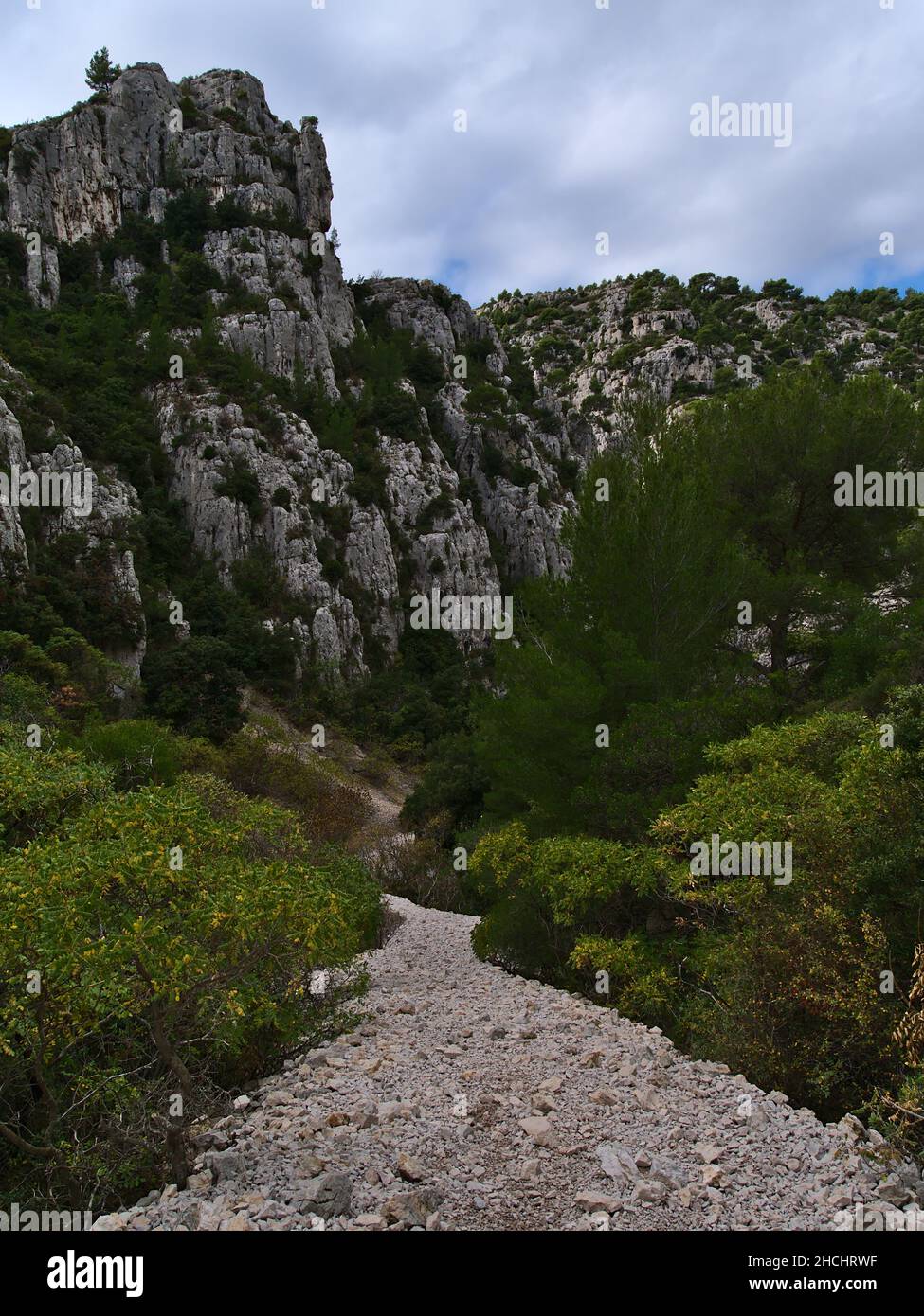 Rocky hiking trail on slope in Calanques National Park near Cassis, French Riviera at the mediterranean cost with rugged rocks and green vegetation. Stock Photo