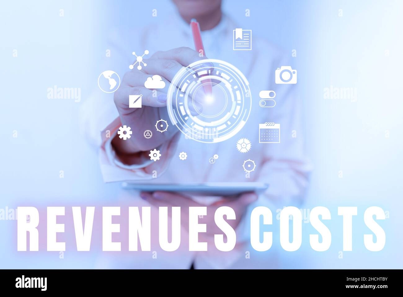 Text caption presenting Revenues Costs. Business approach Total amount of money in Manufacturing and Delivery a product Business Woman Touching Stock Photo