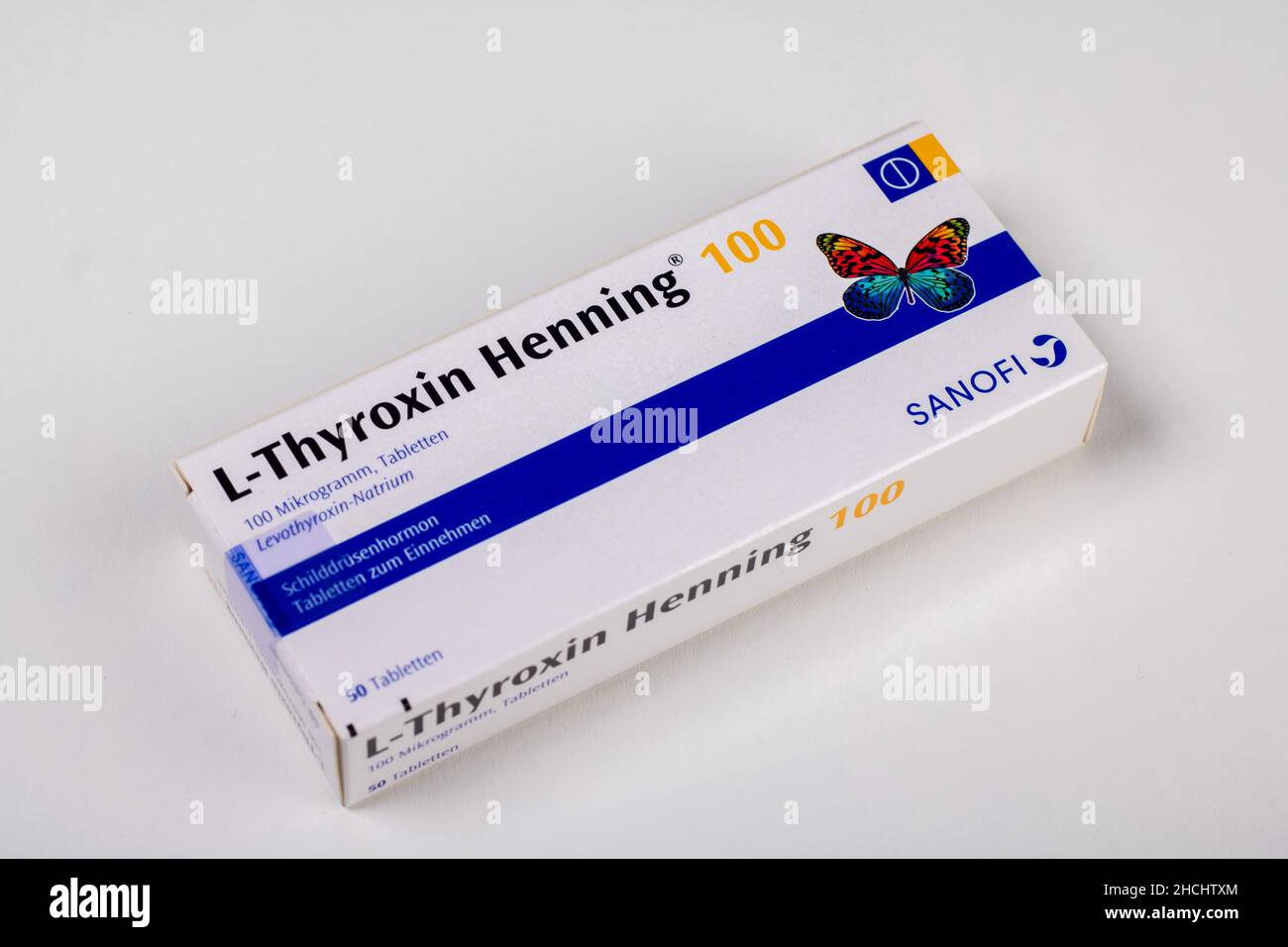 Neckargemuend, Germany: October 06, 2021: Packaging of the prescription drug L-Thyroxin Henning, a Levothyroxine preparation is a manufactured form of Stock Photo