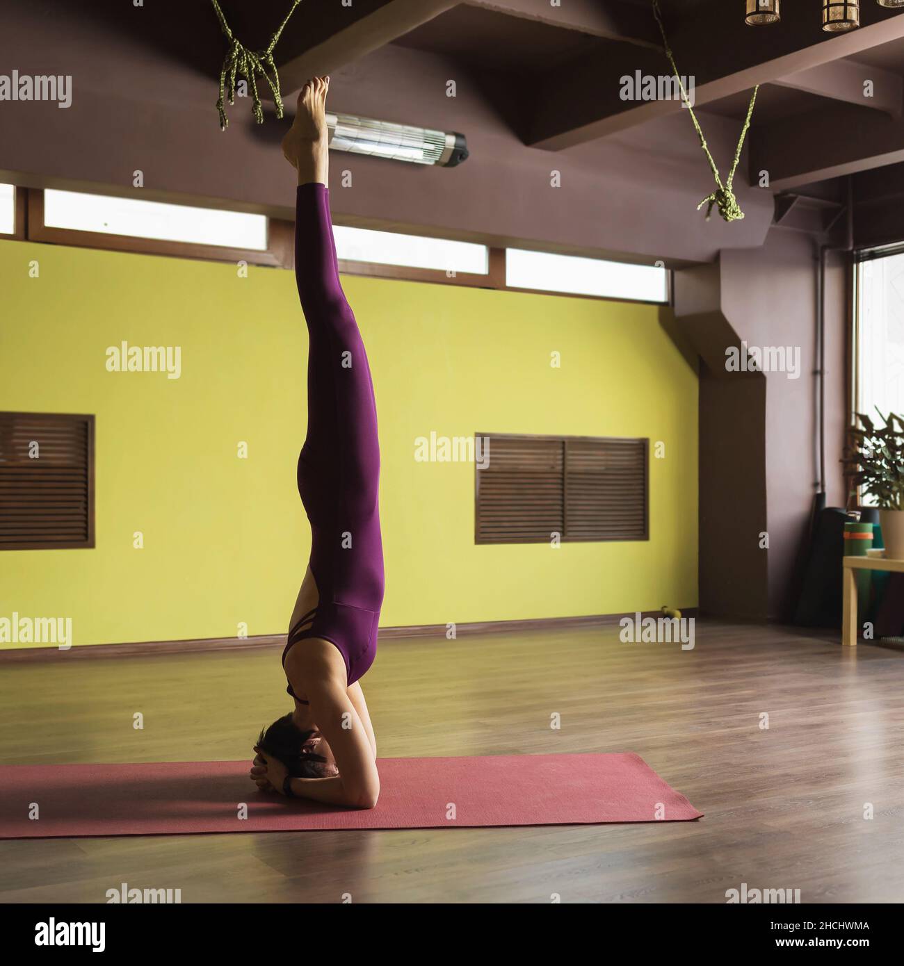Woman practicing yoga, performs shirshasana exercise, inverted asana pose, stands on the mat in the studio Stock Photo