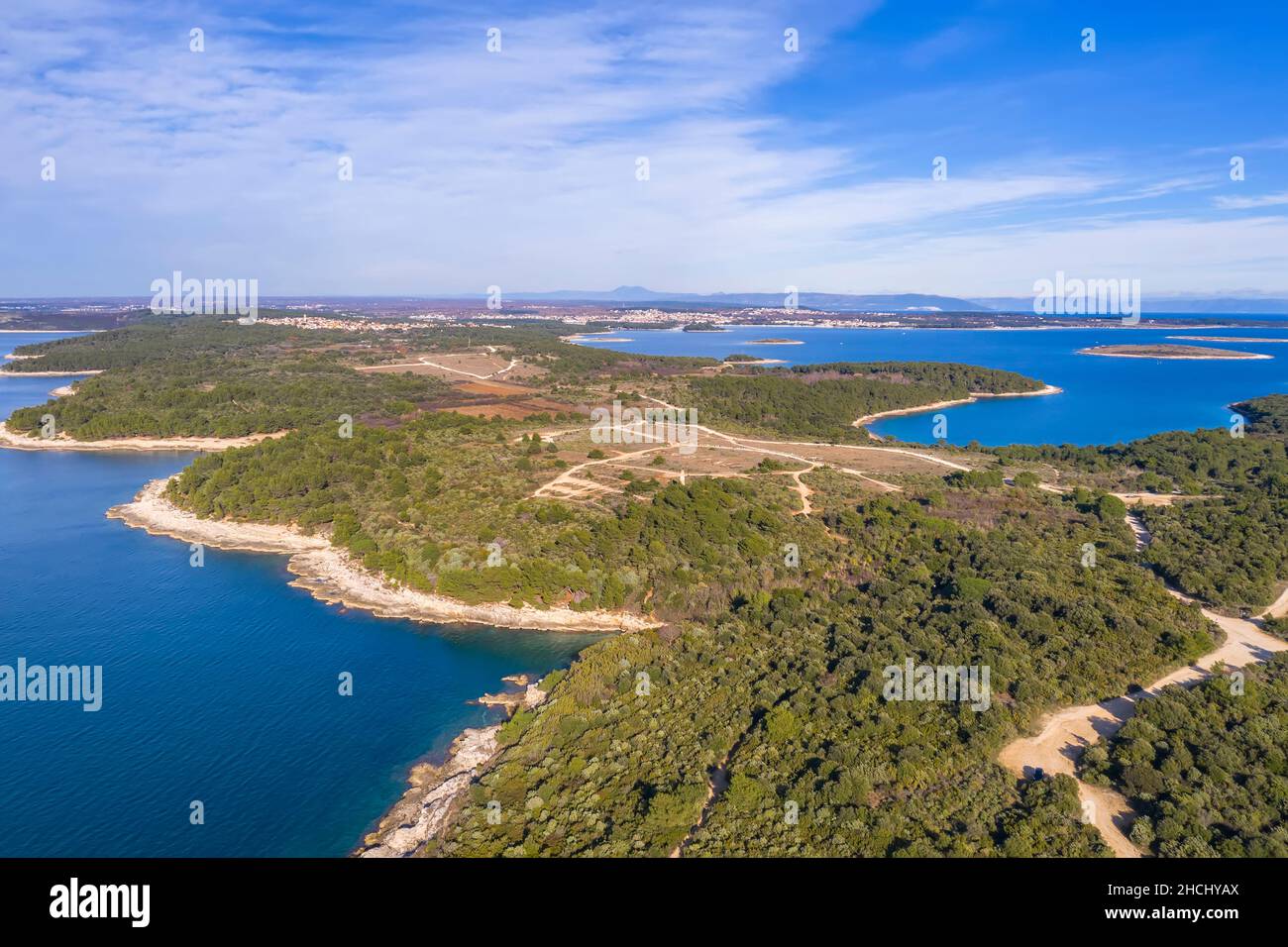 an aerial view from Cape Kamenjak, many bays and islets, in the background Premantura and Medulin, Istria, Croatia Stock Photo