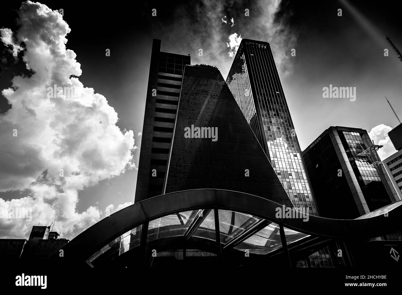 Black and white shot of skyscrapers on the cloudy sky background Stock ...
