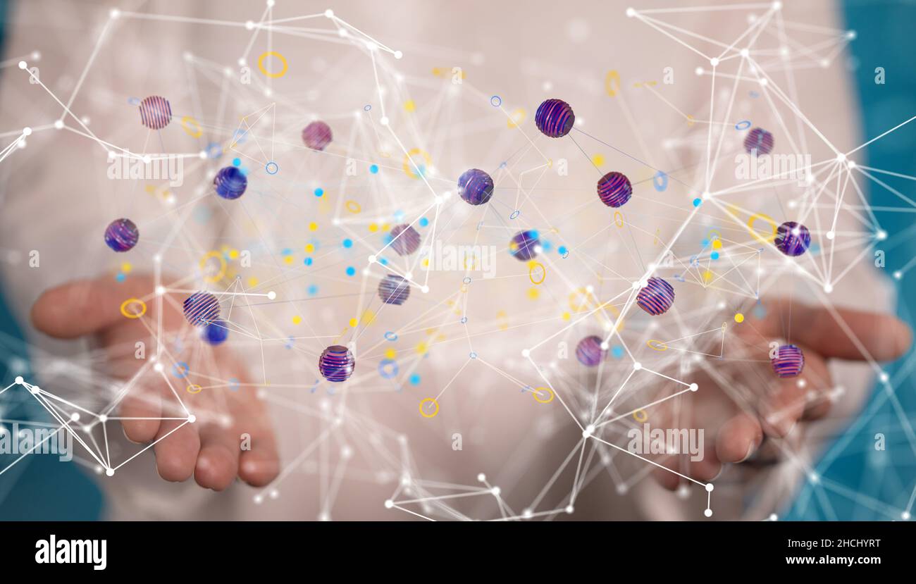 Hands holding the floating dots with connecting lines. Stock Photo