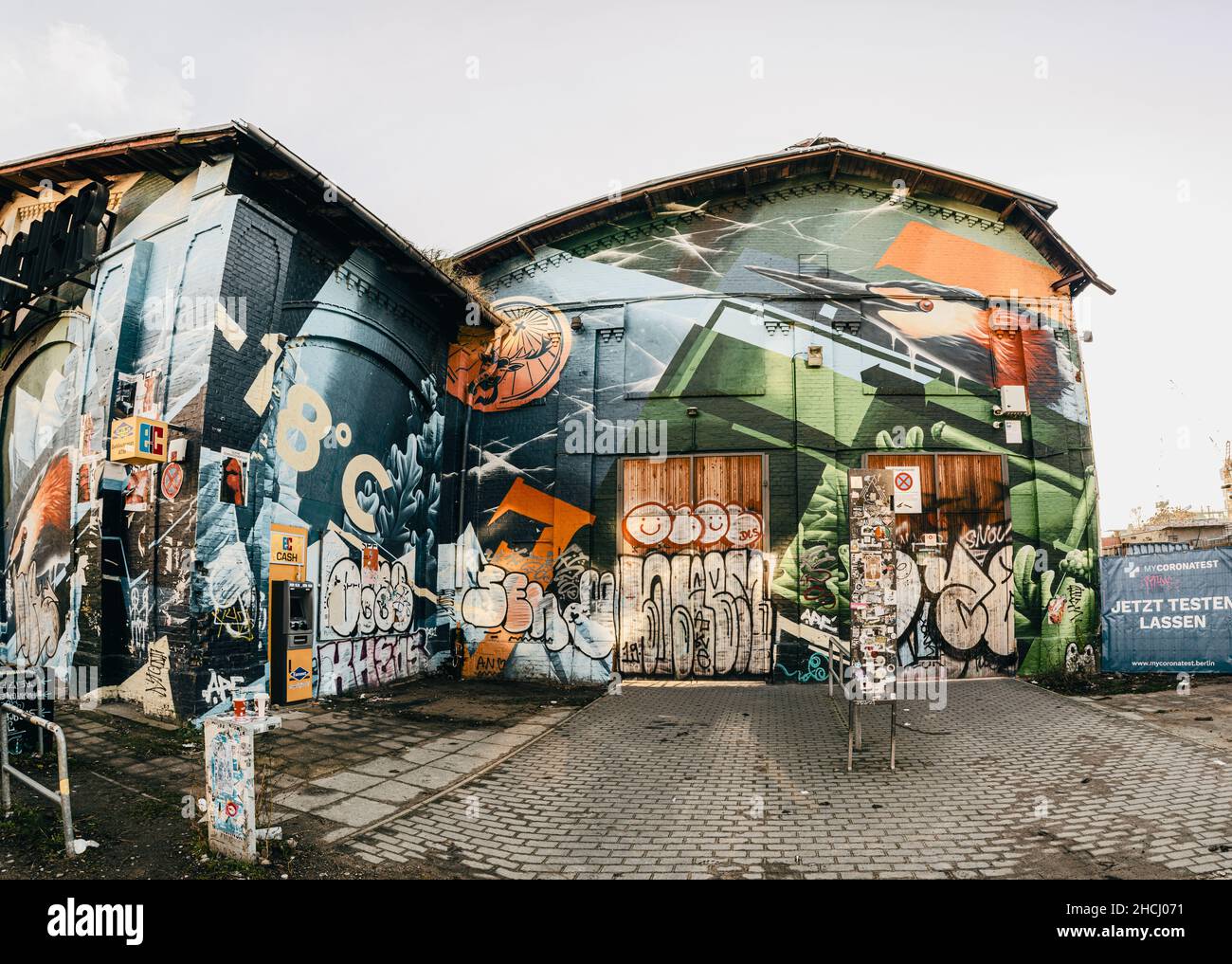 Buildings covered in graffiti at RAW Gelande, flea market in Berlin, 28 Nov, 2021 Stock Photo