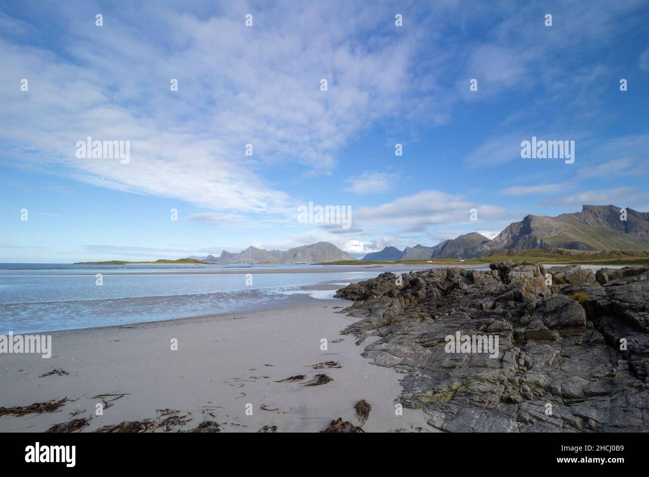 Yttersand Beach, located on the northern tip of Moskenesoy, Lofoten Islands, Norway Stock Photo
