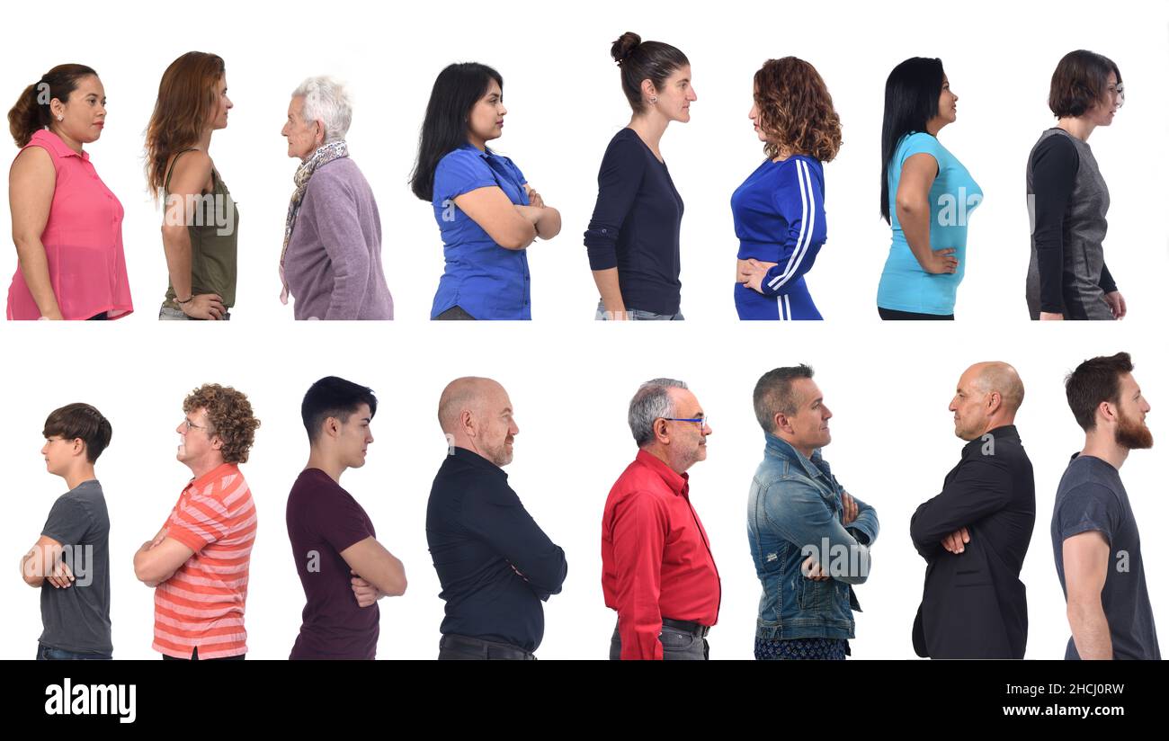 group of a women and men profile view on white background Stock Photo