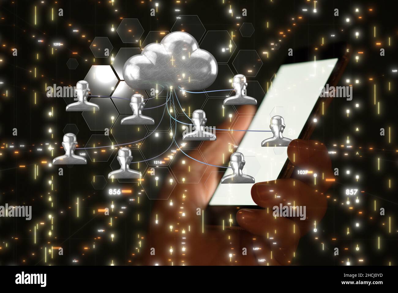 Icons and a hand holding a smartphone / Unity group and teamwork ...