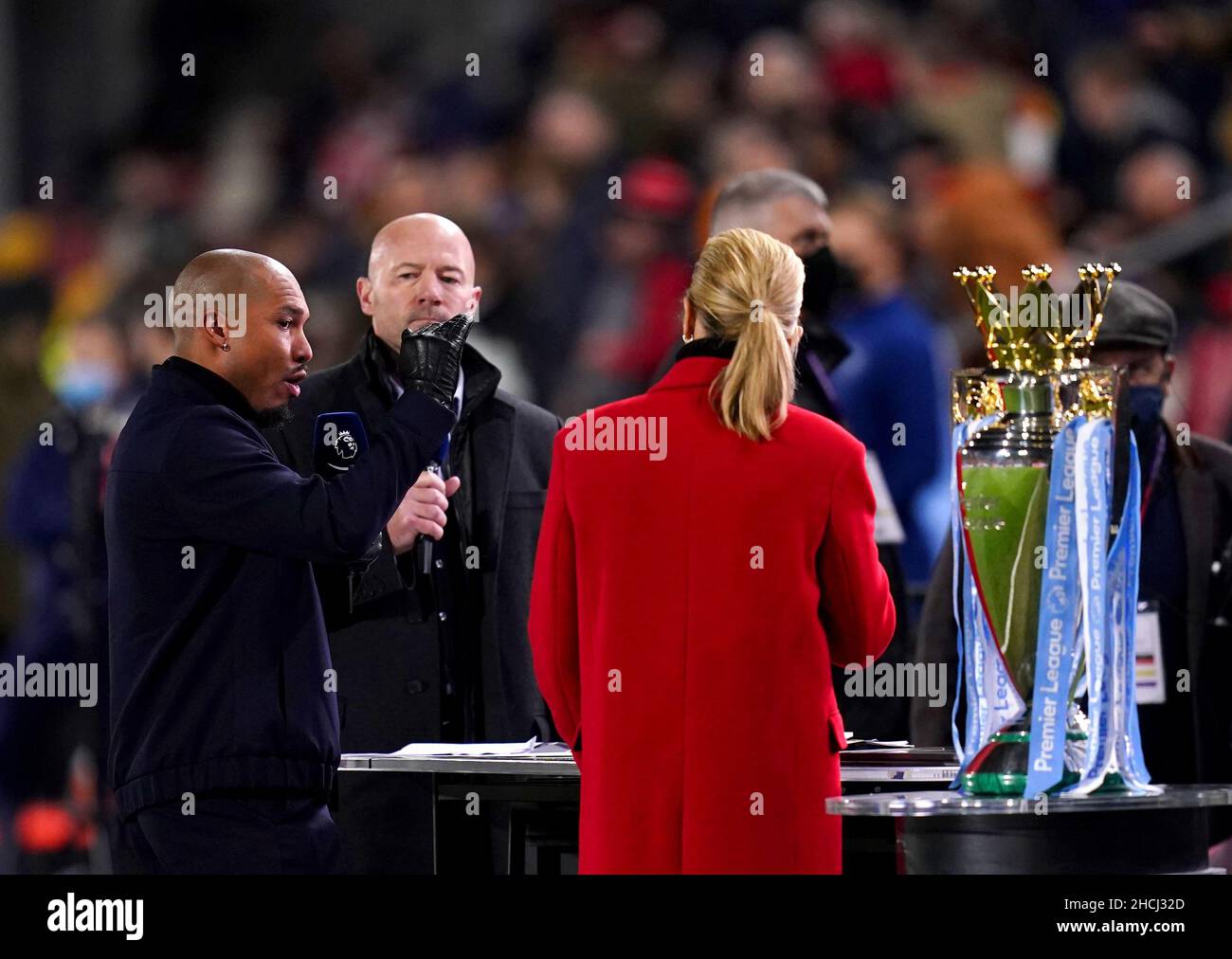 Amazon Prime TV commentators Alan Shearer Gabby Logan and Nigel de Jong ahead of the Premier League match at the Brentford Community Stadium London. Picture date Wednesday December 29 2021 Stock Photo...