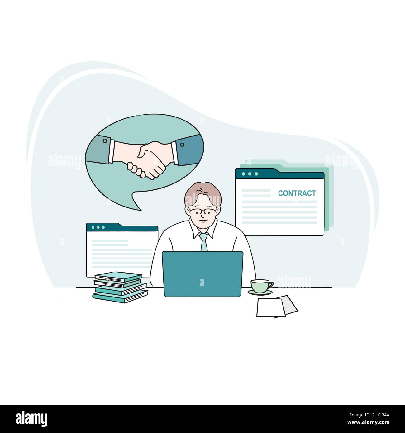 Businessman using laptop computer at desk. Contract work concept. Line style business vector, illustration Stock Vector