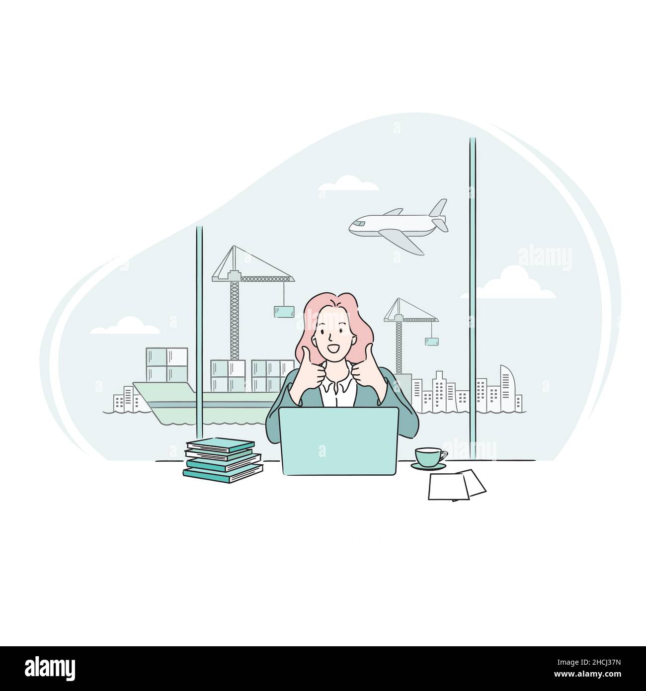 Business woman looking at laptop computer at desk and pointing thumbs up. Successful trade business concept. Line style business vector, illustration Stock Vector