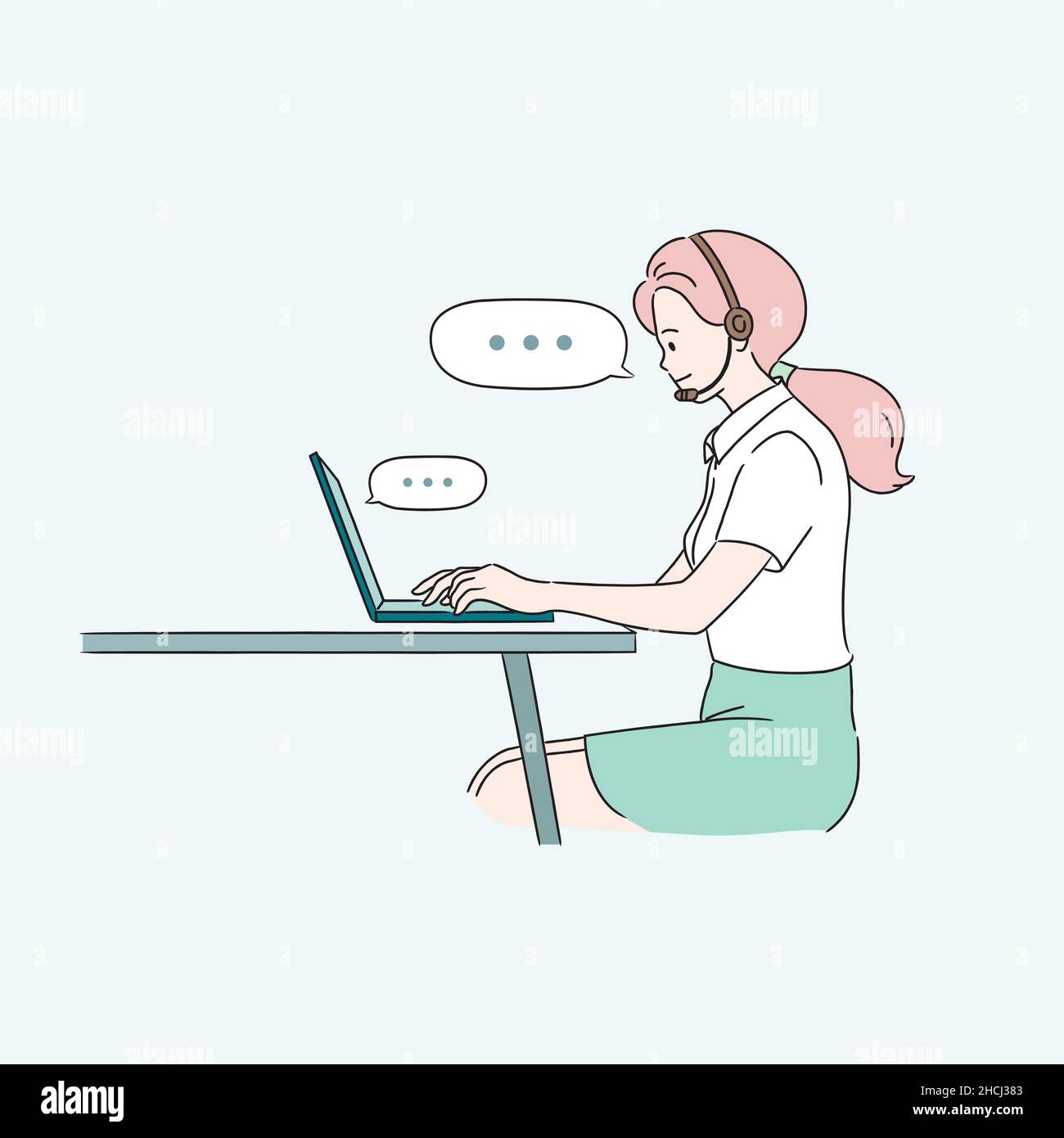 Young female agent using headset in call center. Telemarketer work concept. Line style business vector, illustration Stock Vector