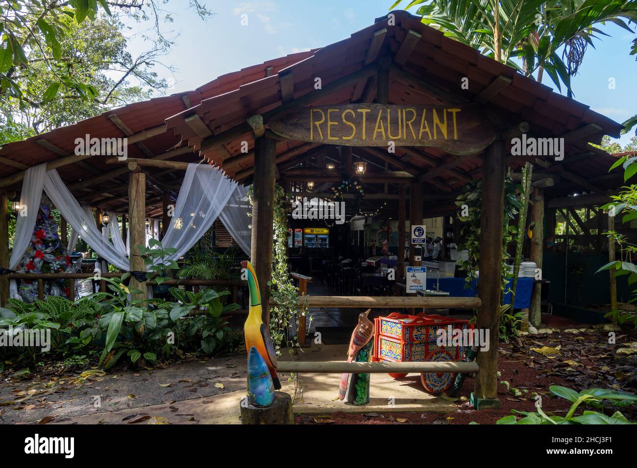 Restaurant in the Tirimbina Rainforest Reserve. Sarapiquí, Heredia, Costa Rica, Central America. Stock Photo