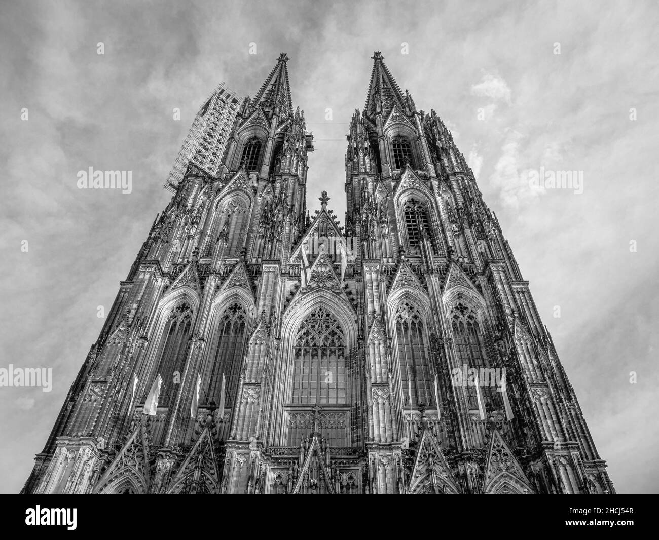 Main towers of the Cathedral of Cologne in black and white Stock Photo