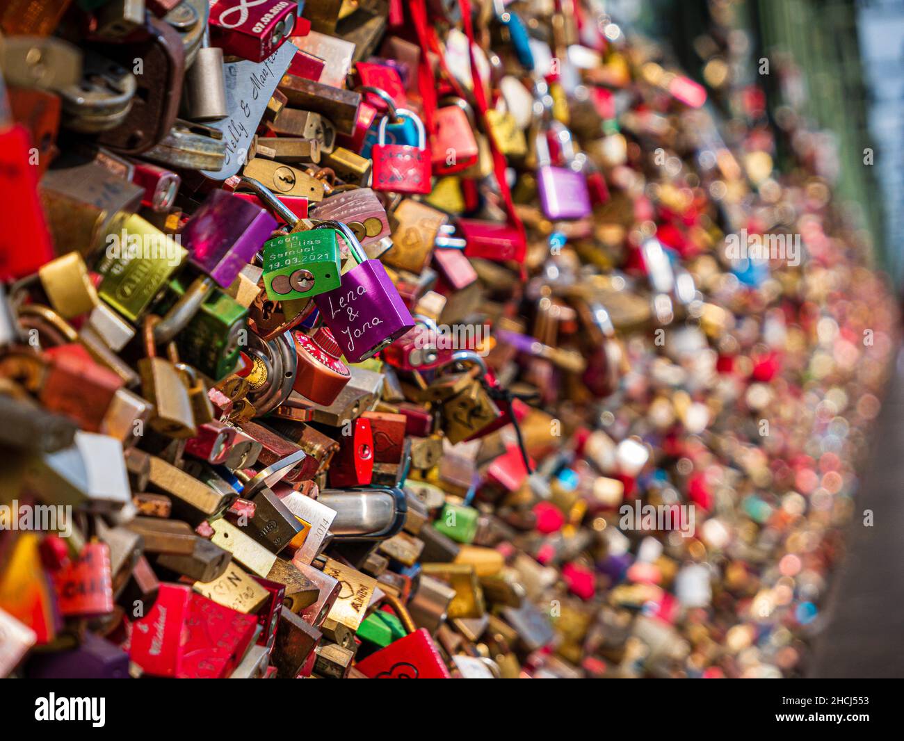 Lena & Jana, Love locks on a bridge Stock Photo