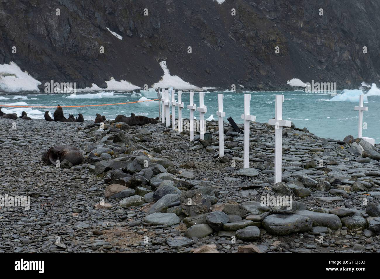 Antarctica, South Orkney Islands, Laurie Island, Orcadas Station. Argentine scientific research station, historic cemetery. Stock Photo