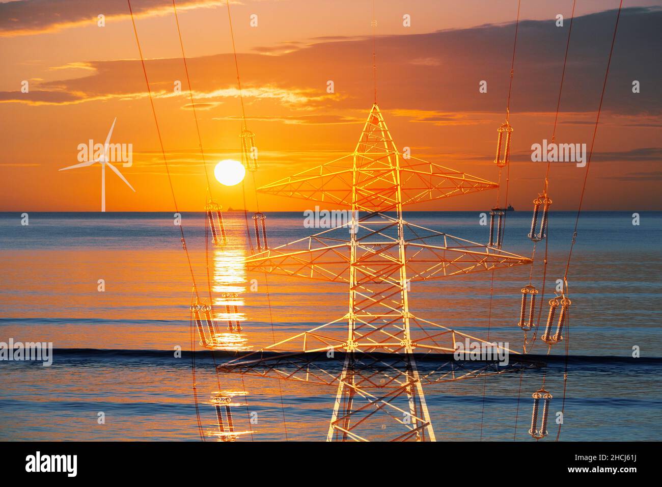 Clean, renewable energy concept. Electricity pylon, offshore wind turbine, sunrise, solar energy, net zero 2050 Stock Photo