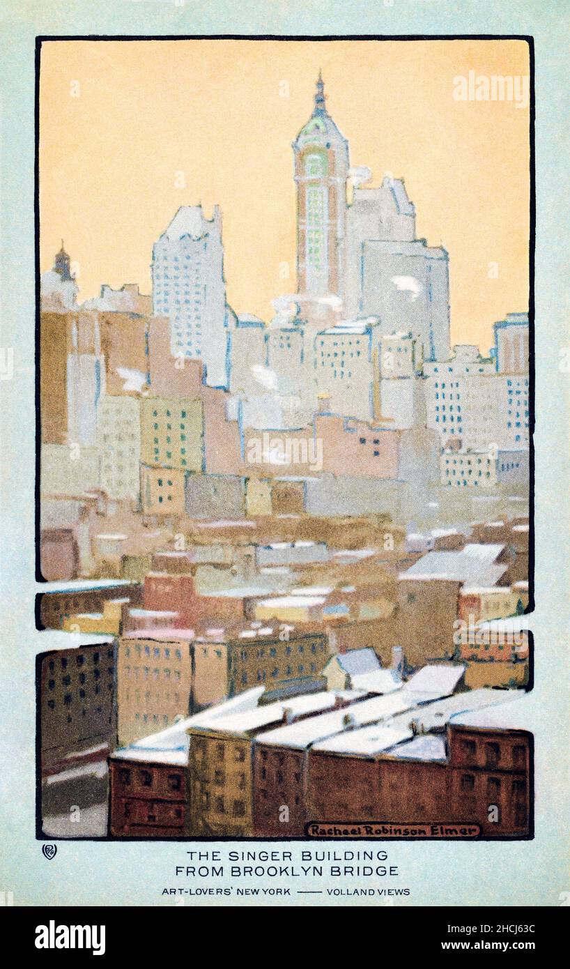 The Singer Building from Brooklyn Bridge (1914) from Art-Lovers New York postcard in high resolution by Rachael Robinson Elmer. Stock Photo