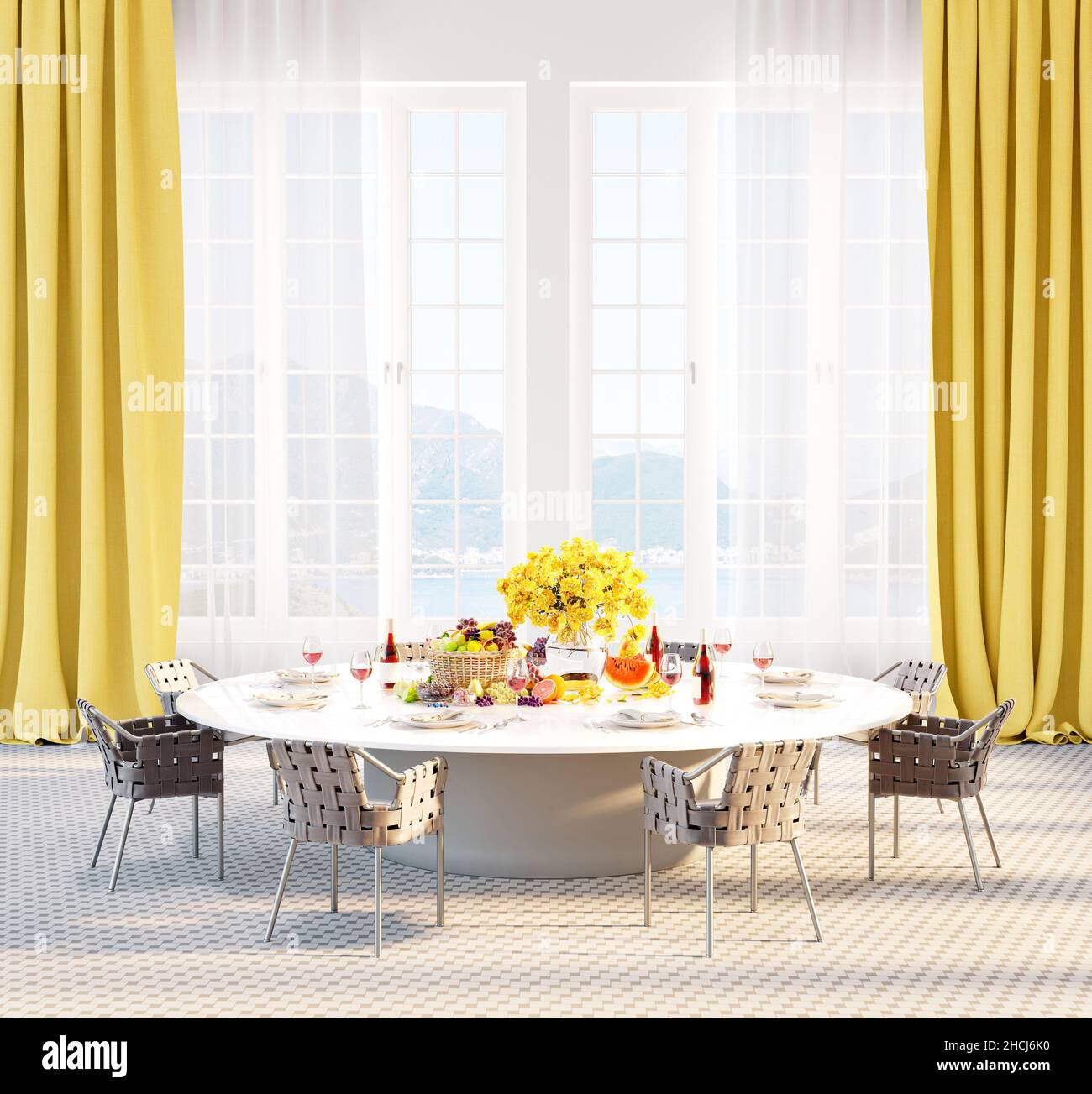 Modern dining room interior design with a round table full of food and ...