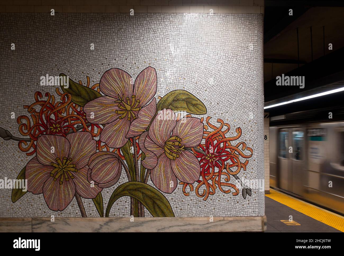 flower mosaic tiles at the 28th street subway station on the eastside of Manhattan NYC Stock Photo