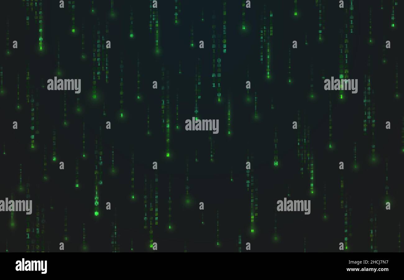 Matrix background. Green stream of digits. Abstract running binary code. Falling random numbers on dark backdrop. Futuristic wallpaper. Vector Stock Vector