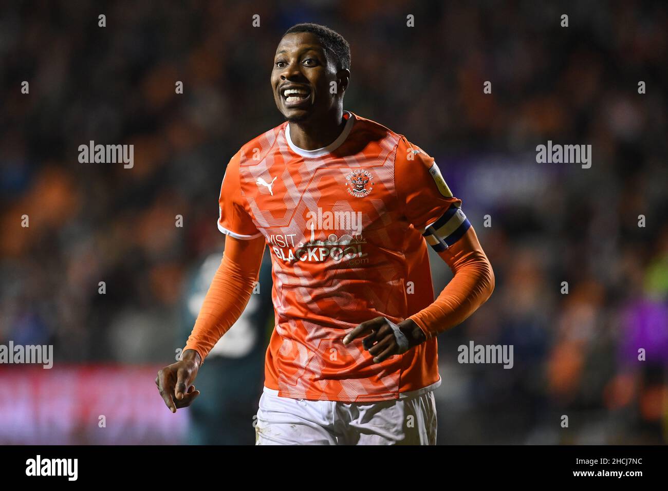 Marvin Ekpiteta #21 of Blackpool gives his team instructions Stock ...
