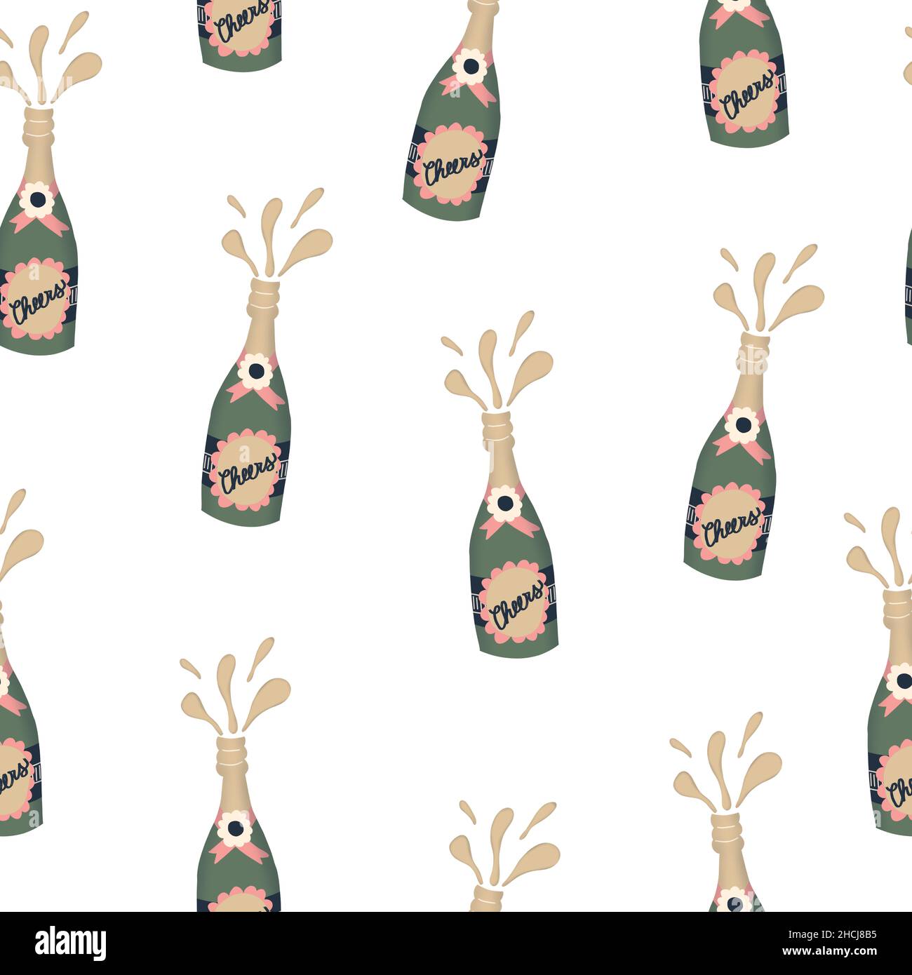 Champagne bottles seamless pattern. Alcohol sparkling wine party background. New Year, Birthday celebration design. Cheers lettering. Use for gift Stock Photo