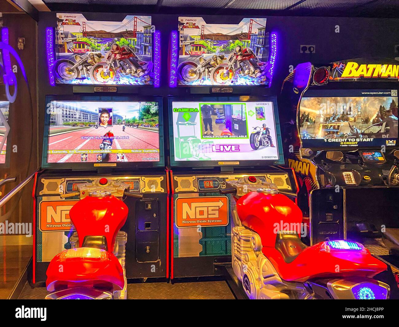 Motorcycle racing games in Game arcade, Stena Line Ferry, Irish Sea, Ireland Stock Photo