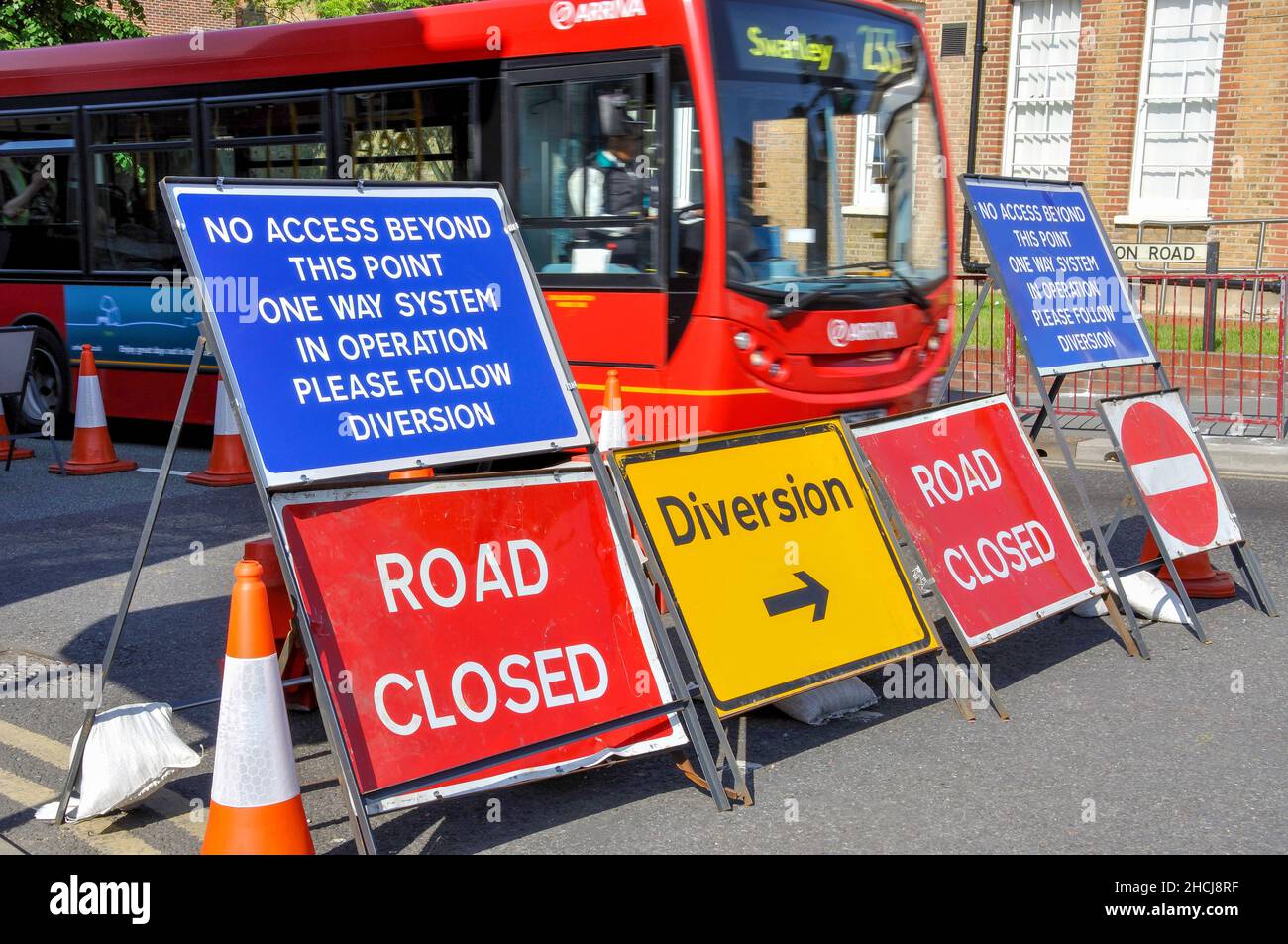 Closed road diversion signs, High Street, Sidcup, London Borough of Bexley, Greater London, England, United Kingdom Stock Photo
